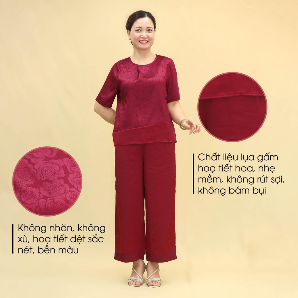 Đồ Bộ Trung Niên Nữ Lụa Gấm Cao Cấp ANCHI B26 Đỏ Đô, Set Đồ Mặc Nhà Quà Tặng Cho Mẹ
