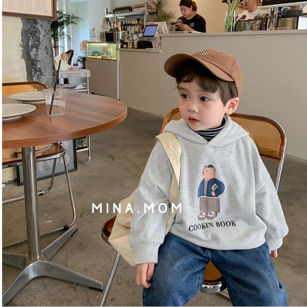 Áo nỉ thu đông, hoodie dài tay in gấu phong cách Hàn quốc cho bé trai, bé gái size 1,2,3,4,5,6 tuổi