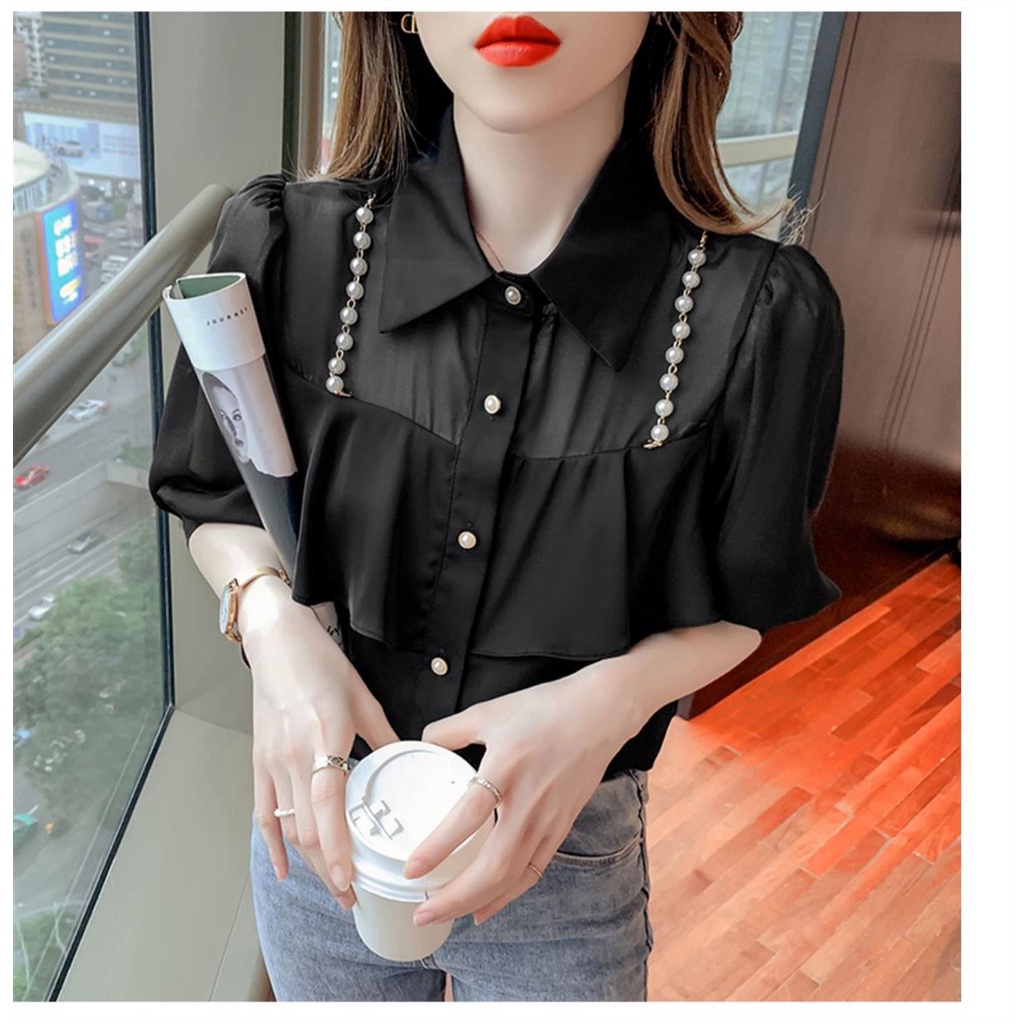 Áo Sơ Mi Voan Phối Dây Ngọc Trai Thời Trang Mùa Hè Hàn Quốc Dành Cho Nữ