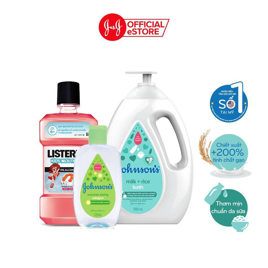 Bộ Chăm Sóc Cho Bé Sữa Tắm Gội Johnson's Baby Và Nước Súc Miệng Listerine Kids, Nước hoa Johnson's Baby