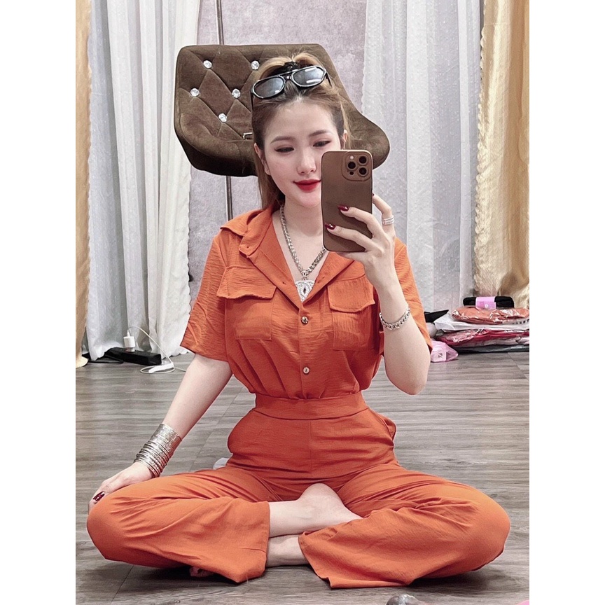 Set bộ sơ mi đũi 2 túi quần dài, bộ nữ cộc tay quần ống xuông đi chơi dạo phố xinh xắn