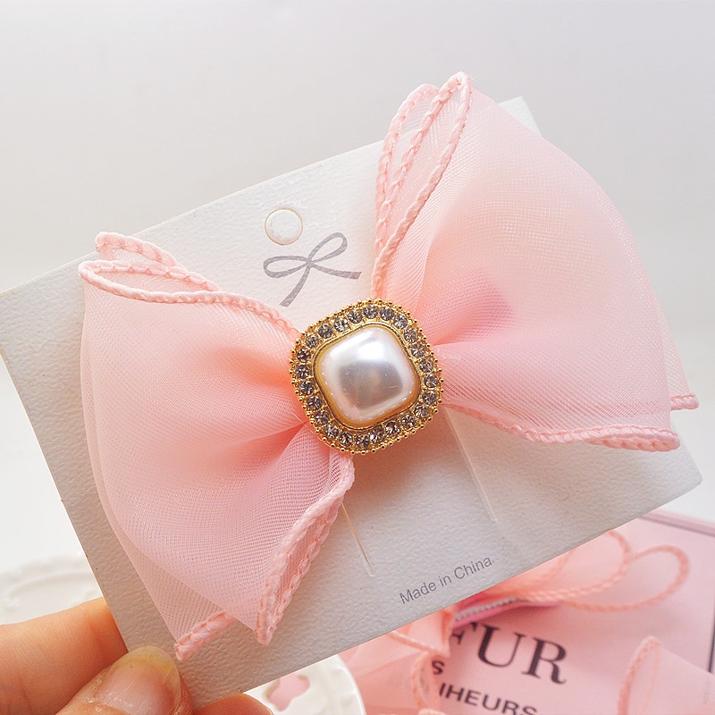 Kẹp Tóc Hình Vương Miện Đính Hạt Ngọc Trai Phối Ren Lưới Màu Hồng Xinh Xắn Cho Bé Gái