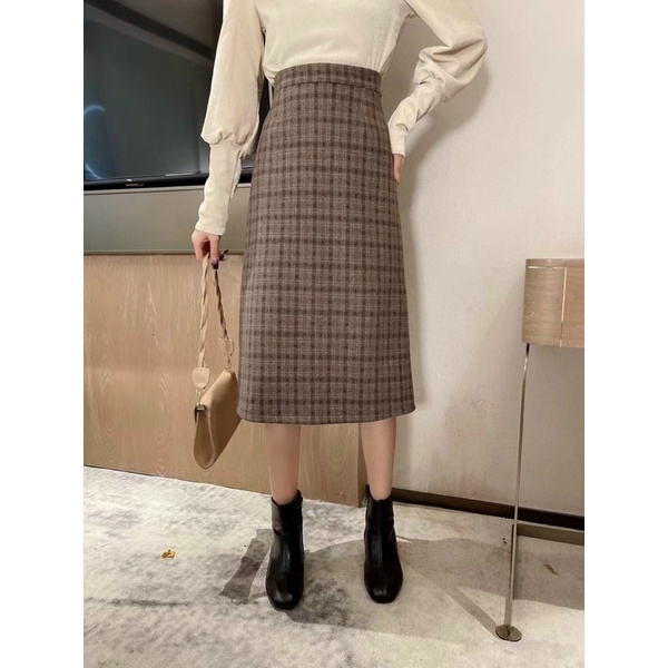 Chân váy dạ kẻ dài phong cách ulzzang