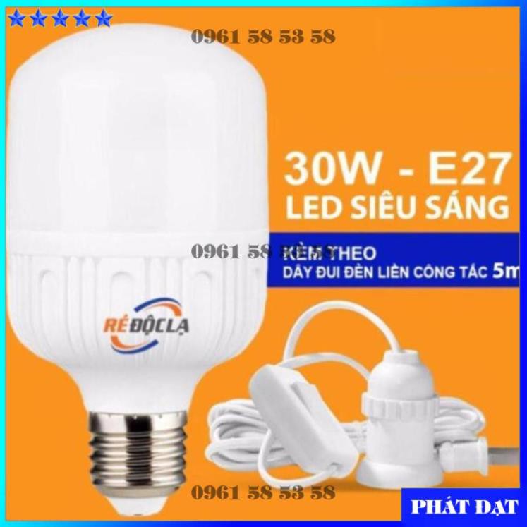 ĐÈN LED BULD TRỤ 30W ÁNH SÁNG TRẮNG KÈM DÂY CÓ ĐUI ĐÈN VÀ CÔNG TẮC - ĐÈN LED SIÊU SÁNG - THIẾT BỊ PHÁT ĐẠT