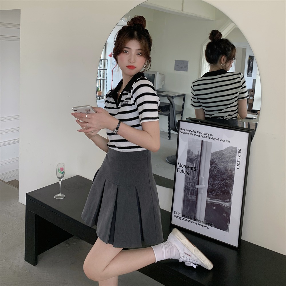 Áo thun POLO ZHELIHANGFEI dệt kim tay ngắn kẻ sọc thiết kế trẻ trung cá tính cho nữ