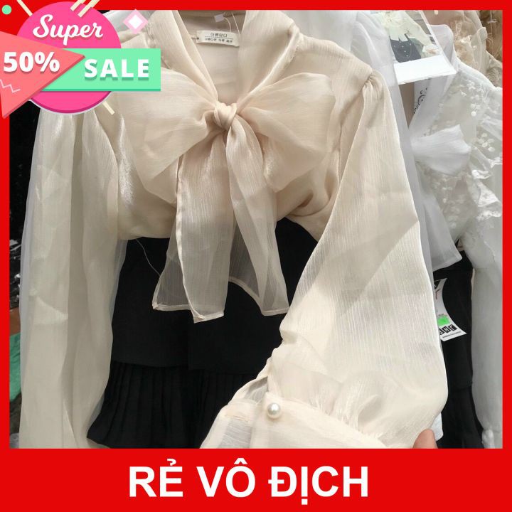 Xả kho, Áo sơ mi tay bồng cổ nơ tiểu thư 2 lớp mặc đi chơi, đi làm cực xinh,Áo sơ mi công sở nữ đẹp kiểu Hàn Quốc form