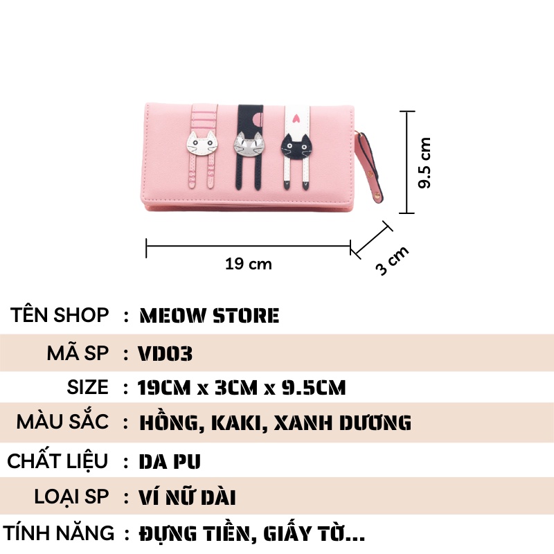 Ví nữ cầm tay cao cấp dáng dài 3 con mèo đẹp MEOW STORE VD03