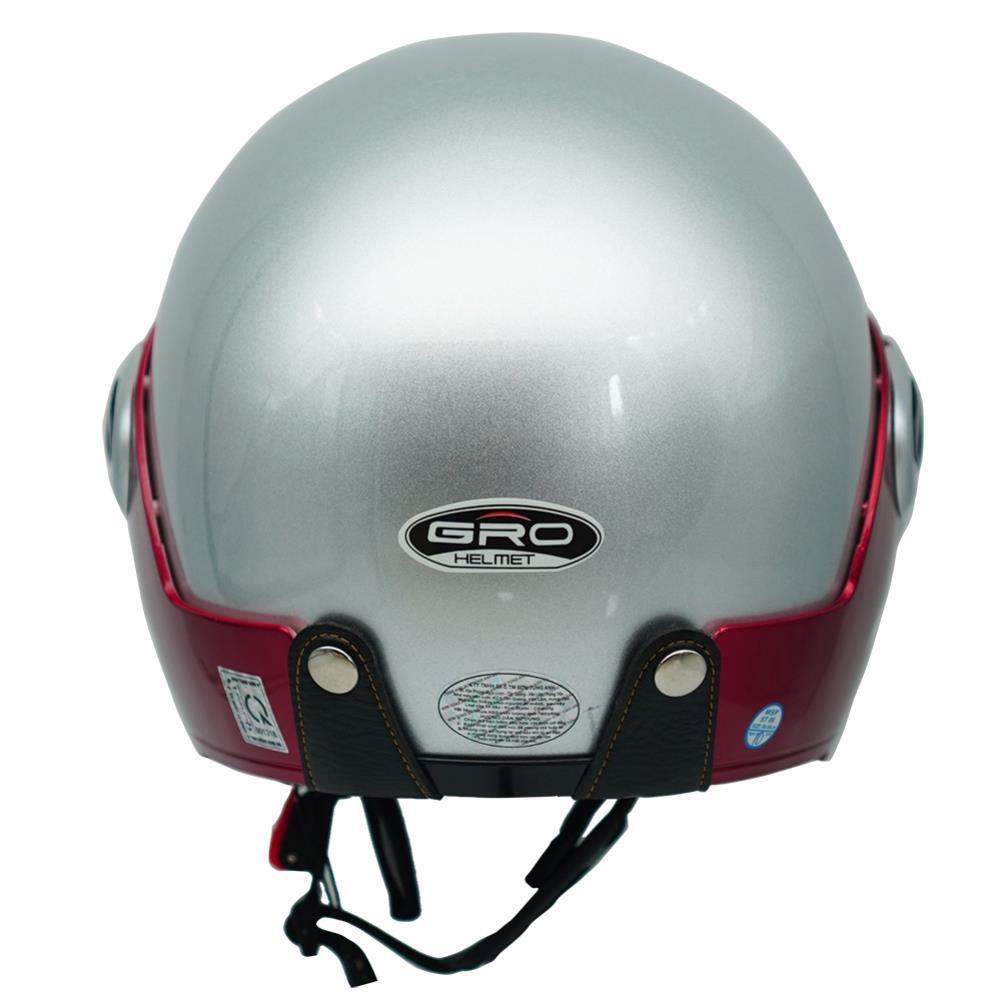 Mũ bảo hiểm cả đầu Gro T318 V1 có kính dài, nhựa ABS bền đẹp, khóa kim loại chắc chắn, mút xốp dày dặn - màu bạc ốp đỏ