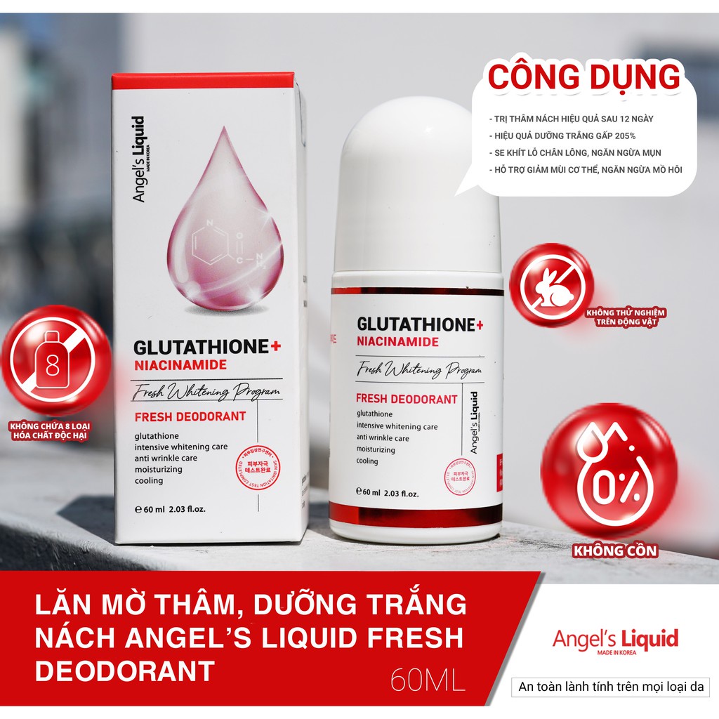 Lăn nách ngăn ngừa mồ hôi ngăn mùi dưỡng trắng da Angel s Liquid Glutathione plus Niacinamide 60ml