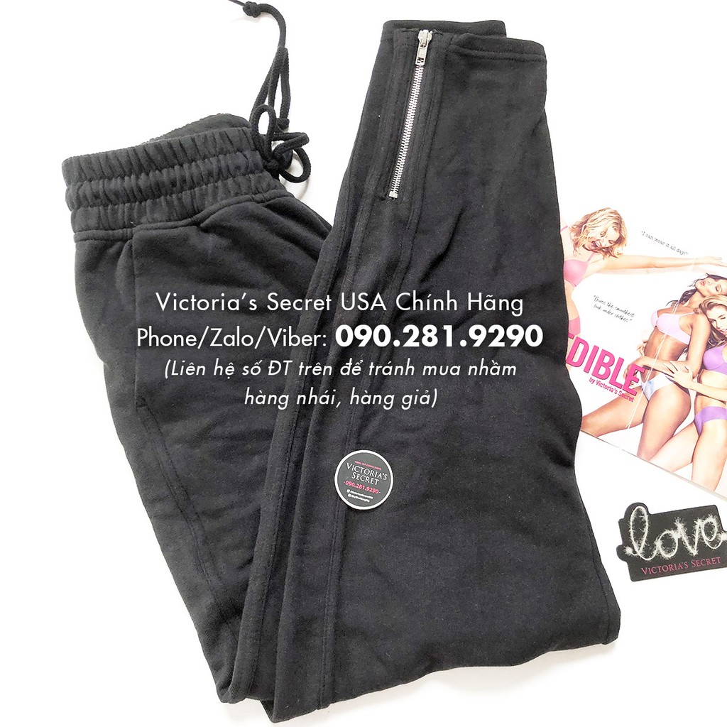 (Size S 64) Quần Jogger xám đen wash, form ôm rộng thoải mái, có túi, Terry Track Pant - Pink, Victoria's Secret