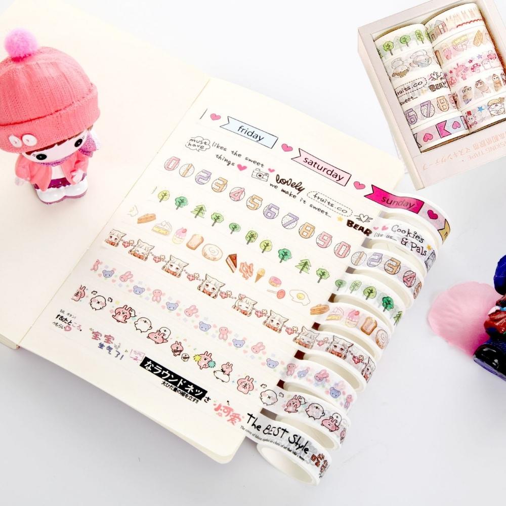 Set 10 cuộn washi tape Pison loại lớn nhiều mẫu đa dạng - BK008 - 1 bộ