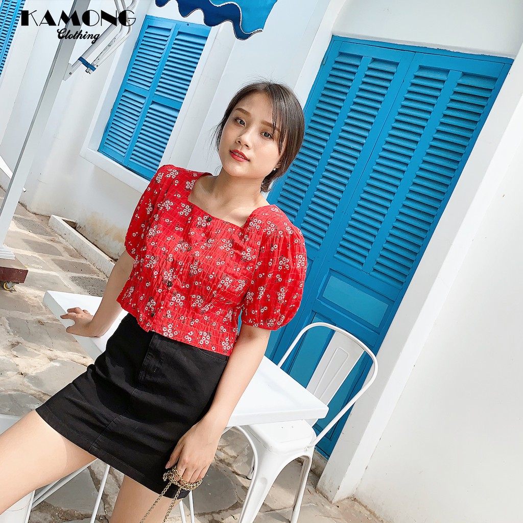 Áo kiểu Croptop hoa nhí cổ vuông KAMONG A029 | BigBuy360 - bigbuy360.vn