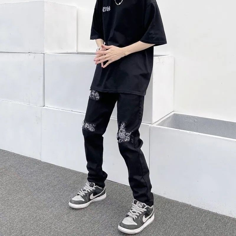 Quần Jeans Rách gối Bandana phong cách đường phố, Quần bò nam phong cách Streetwear