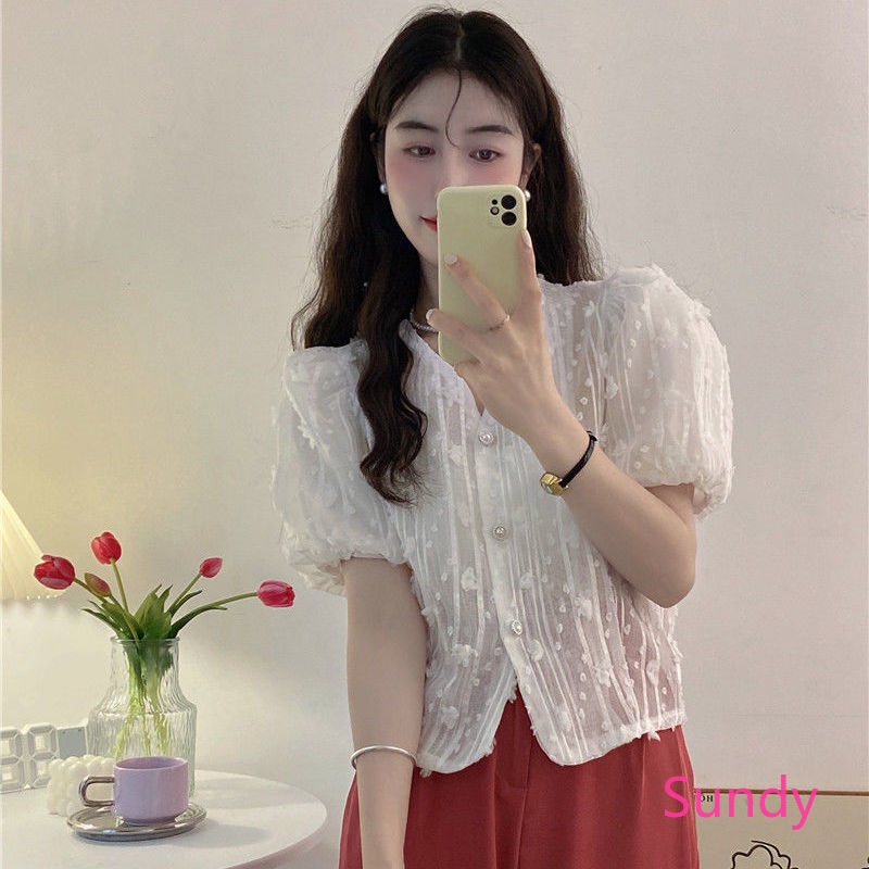 Áo Kiểu Tay Phồng Cổ Chữ V Plus Size Thời Trang Mùa Hè Phong Cách Pháp Cho Nữ