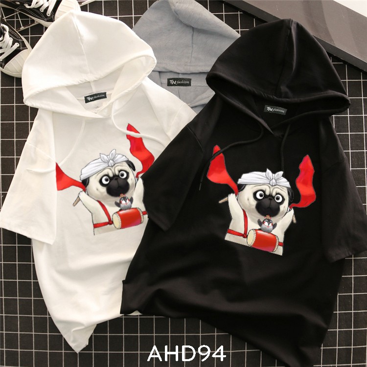 thêm size đại từ S đến 4XL AHD94 Áo thun teen nam nữ HOODIE TAY LỠ CÓ NÓN hình chó pub đánh trống