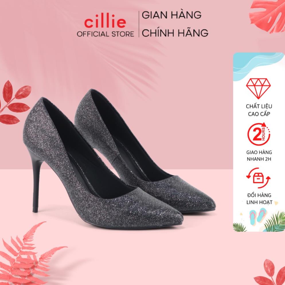 Vip Giày cao gót gót nhọn cao 10cm phối kim tuyến sang trọng Cillie 1233 .