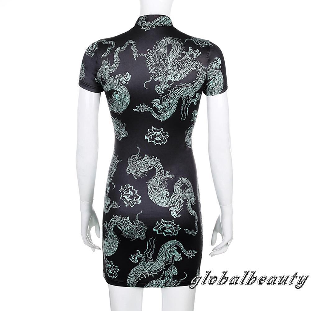 Đầm Sườn Xám Ôm Dáng In Hình Rồng Phong Cách Trung Hoa Cho Nữ