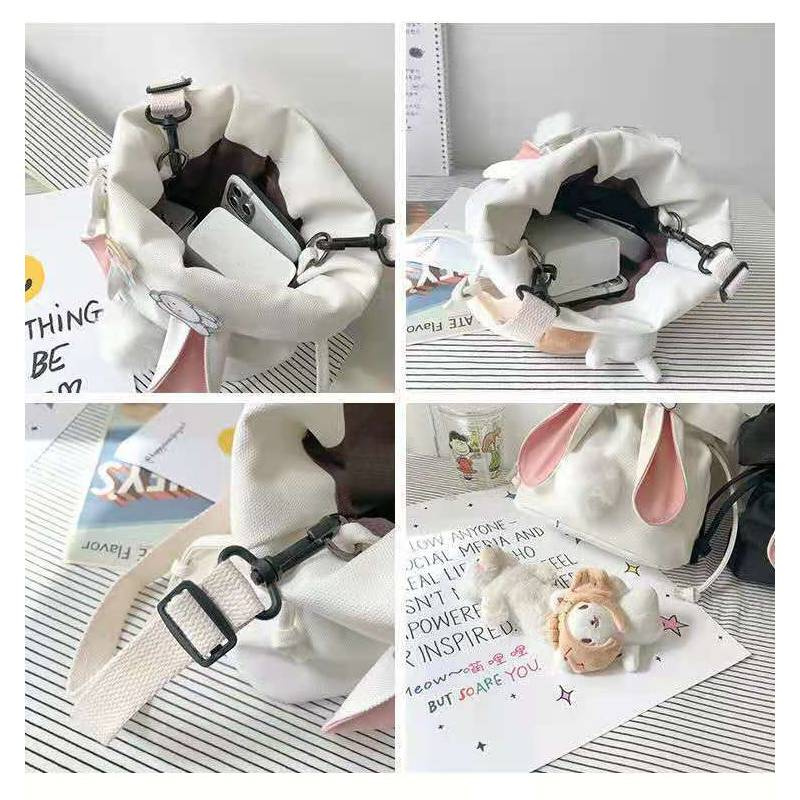 Cute Bucket Bag Student Canvas Bag Bunny Ears Shoulder Messenger Bag