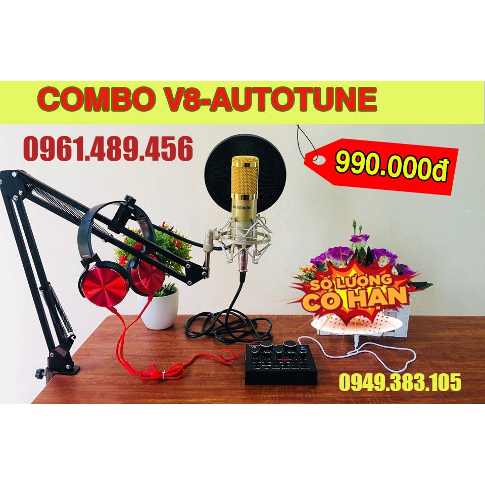 Combo bộ Mic Thu Âm, Hát Karaoke,Livestream online cực hay(Trọn Bộ Souncard V8,Bm900) tặng kèm tai nghe cực ngầu