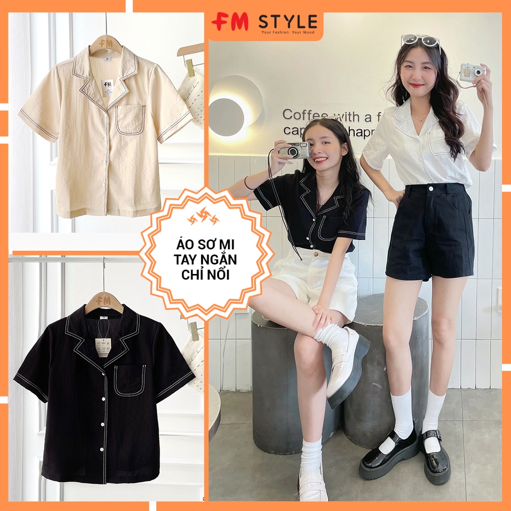 Áo sơ mi nữ tay ngắn FM Style form rộng vải cotton cao cấp họa tiết chỉ nổi ulzzang mang đi học đi làm 220323405