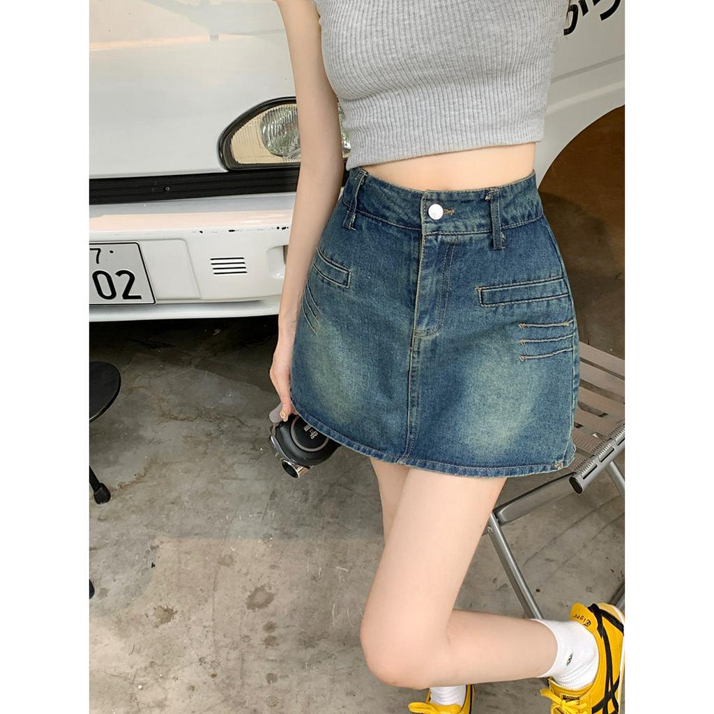 Lalisas Chân váy jean Ngắn Chữ A Lưng Cao Phong Cách retro Mỹ Cho Nữ