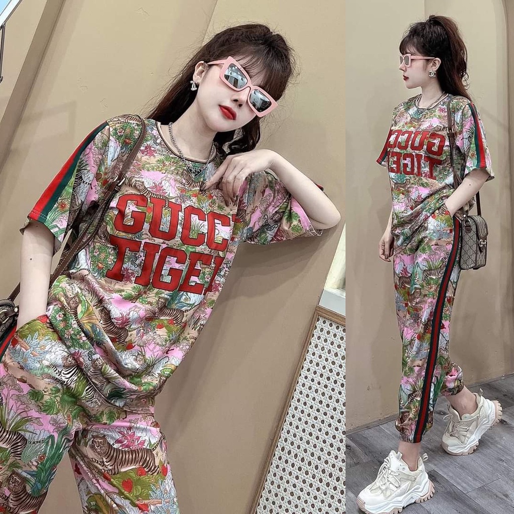 Set Bộ Thun Lạnh Form Rộng Họa Tiết Hoa Lá Phối chữ