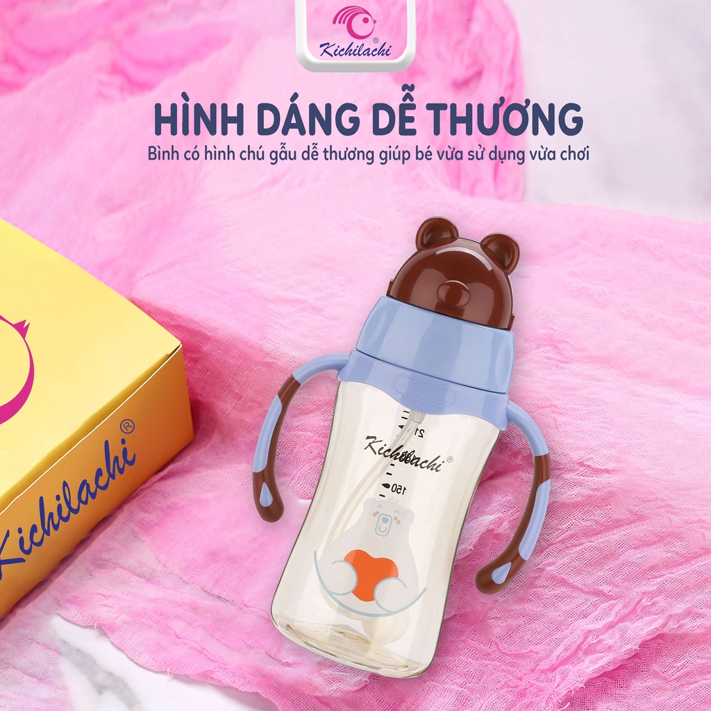 Bình tập uống nước hình gấu cho bé Kichilachi Tritan 240ml có vòi hút và núm ty cho bé từ 6 tháng trở lên