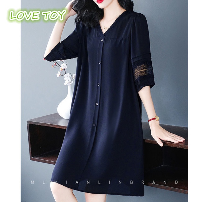 Đầm Midi Tay Lửng Dáng Rộng Cổ Chữ V Màu Sắc Thanh Lịch Cho Nữ