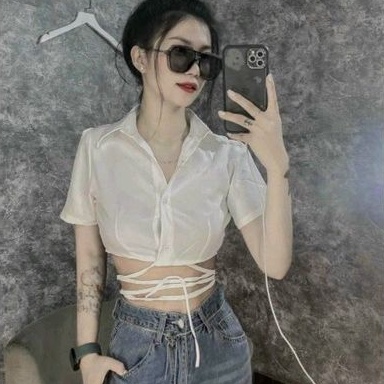 Áo sơ mi croptop dây chéo eo siêu Hot