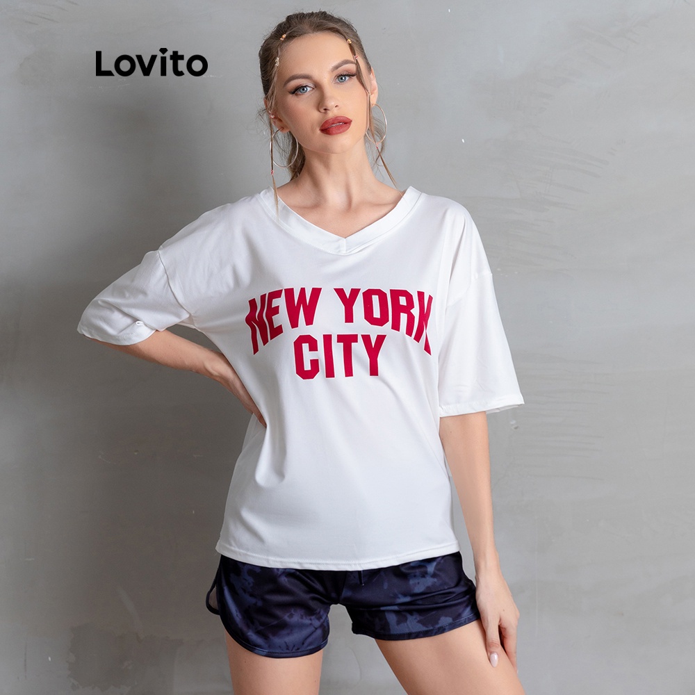 Áo thun Lovito cổ tròn V họa tiết in chữ cái kiểu dáng rộng rãi thời trang thường ngày L05106 (màu trắng)