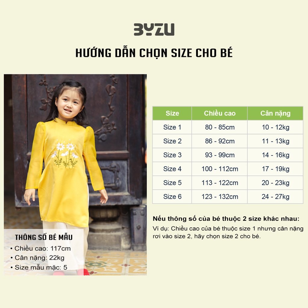 Bộ set áo dài cho bé gái BYZU kiểu áo dài cách tân phối tay bồng thêu hoa cúc, chất liệu lụa cao cấp