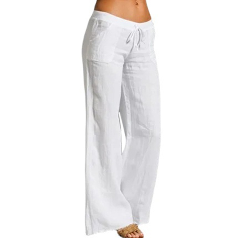 Xiangbao Quần ống rộng Vải Cotton Lanh Lưng Thun Rút Dây Màu Trơn Mùa Hè Vintage Thường Ngày Cho Nữ Palaz