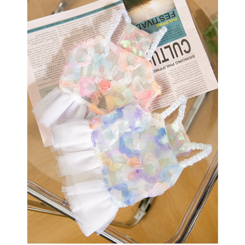 &lt;cutepethome&gt;Đầm Lưới Hai Lớp Thoáng Khí Họa Tiết Hoa Hồng Cầu Vồng Thời Trang Xuân Hè Cho Cún Cưng
