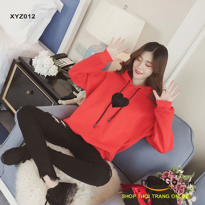 Áo hoodie nỉ thêu hình tim siêu cute, Áo khoác đi Đà lạt, Áo nỉ teen,ÁO NỈ CHUI CÓ MŨ Nữ Màu hồng, đỏ, trắng - XYZ012