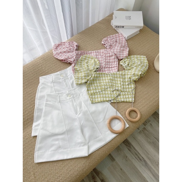 SET ÁO CROPTOP CARO XANH CÁCH ĐIỆU + QUẦN SHORTS TRẮNG (về thêm hồng)