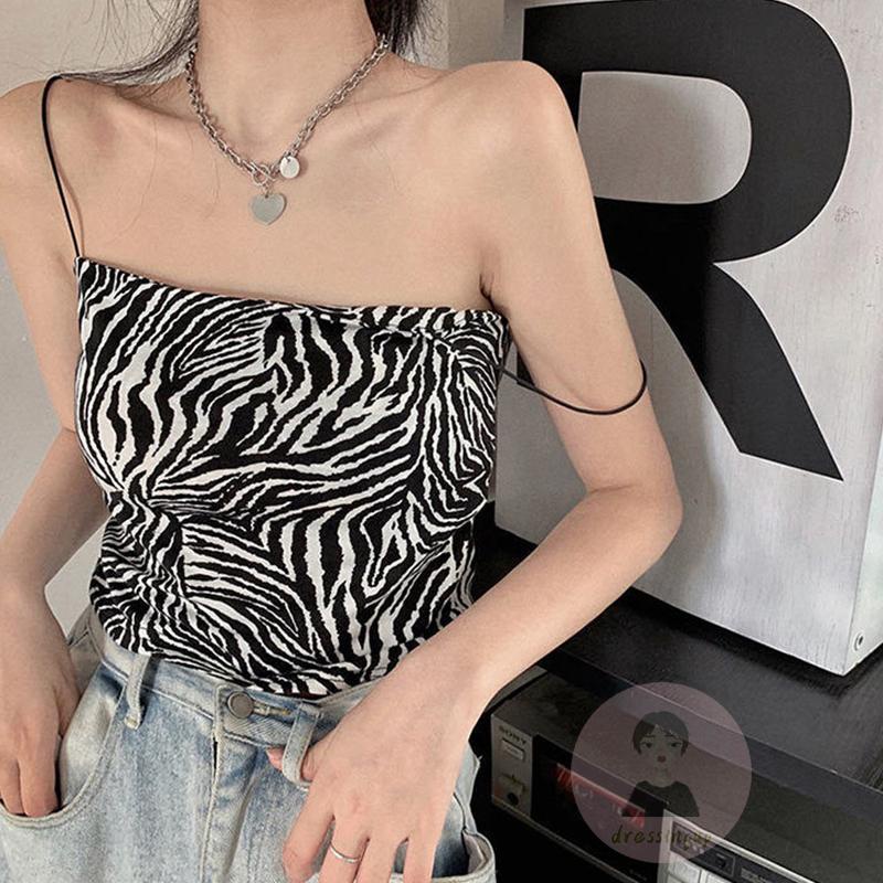 Áo Hai Dây Dệt Kim Cổ Vuông In Họa Tiết Ngựa Vằn Sành Điệu Cho Nữ