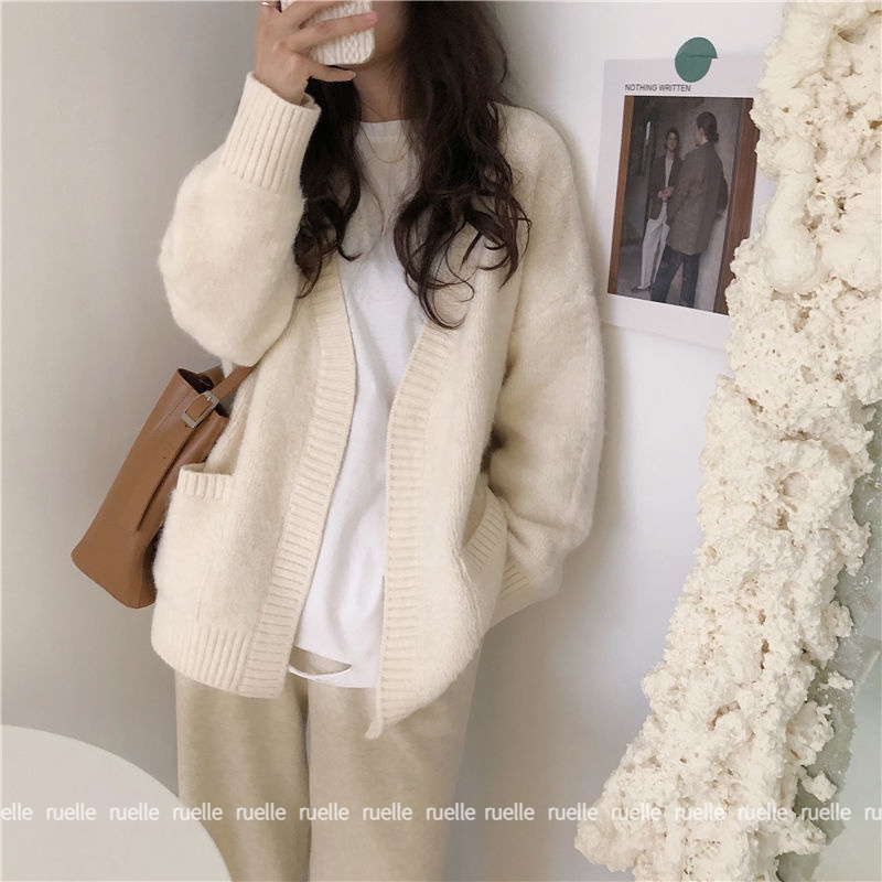 Áo Khoác Cardigan Cổ Chữ V Form Rộng Màu Xám Thiết Kế Mới Đơn Giản Thời Trang Dành Cho Nữ