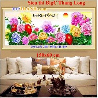 tranh thêu chữ thập hoa mẫu đơn phú quý chưa thêu MN0054, thêu kín