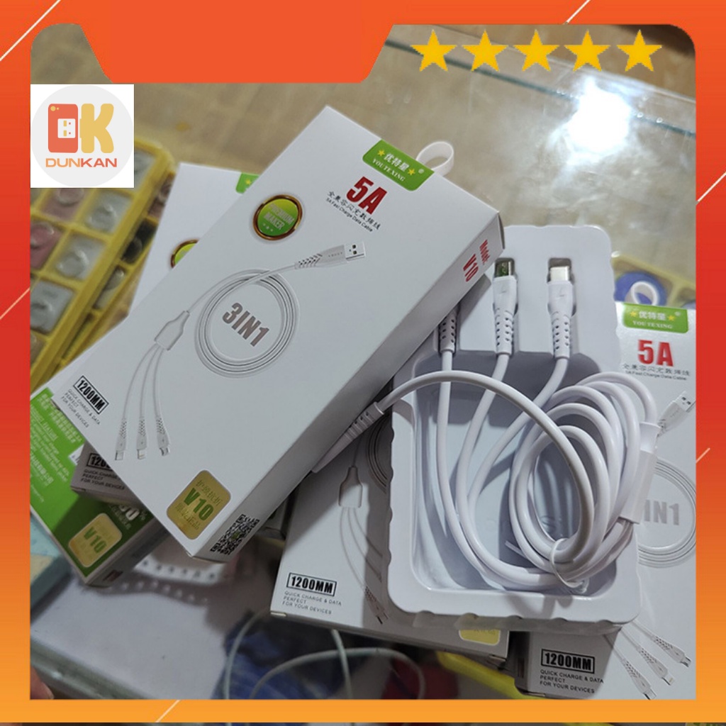 Dây cáp sạc 3 đầu 5A chính hãng hỗ trợ sạc nhanh phù hợp nhiều dòng máy (chân sạc lightning /Micro /Type-C)