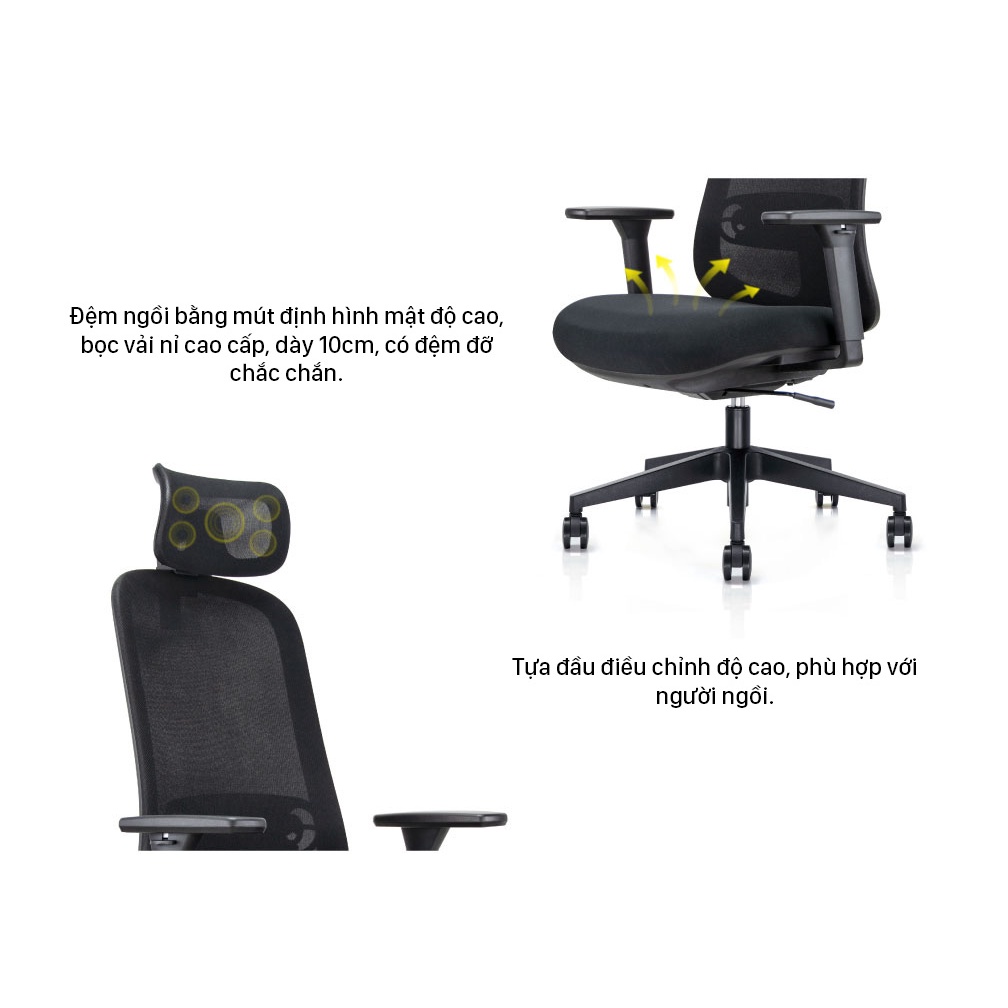 Ghế công thái học Ergonomic GOVI Felix F6232A - Thiết kế tựa đầu điều chỉnh độ cao, tựa tay 3D nâng hạ, mâm ghế ngả 135