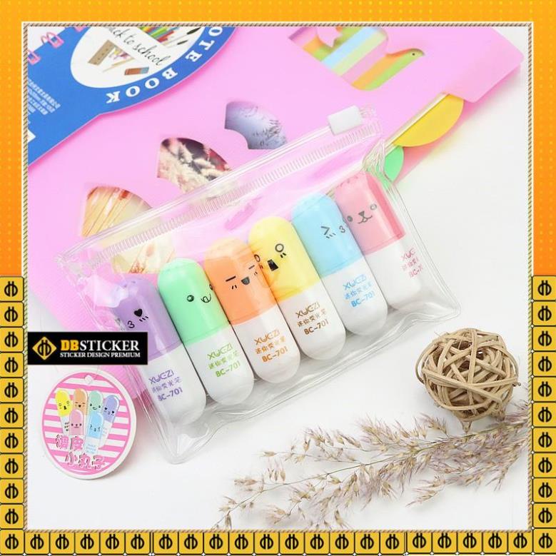 Set 6 Bút Nhớ Dòng Bút Đánh Dấu Bút Highligher Mini Hình Viên Thuốc Cho Học Sinh Sinh Viên