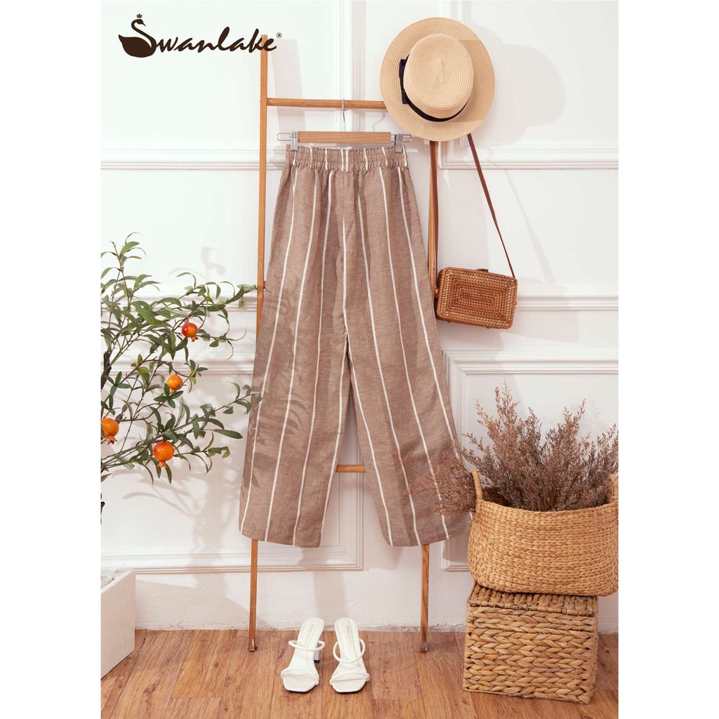 [Siêu Sale] [Chính hãng] Quần Tây Nữ Ống Rộng Lưng Thun Linen Swanlake Màu Đen, Nâu Kem, Sọc Trắng, Sọc Nâu Kem Q09777LW