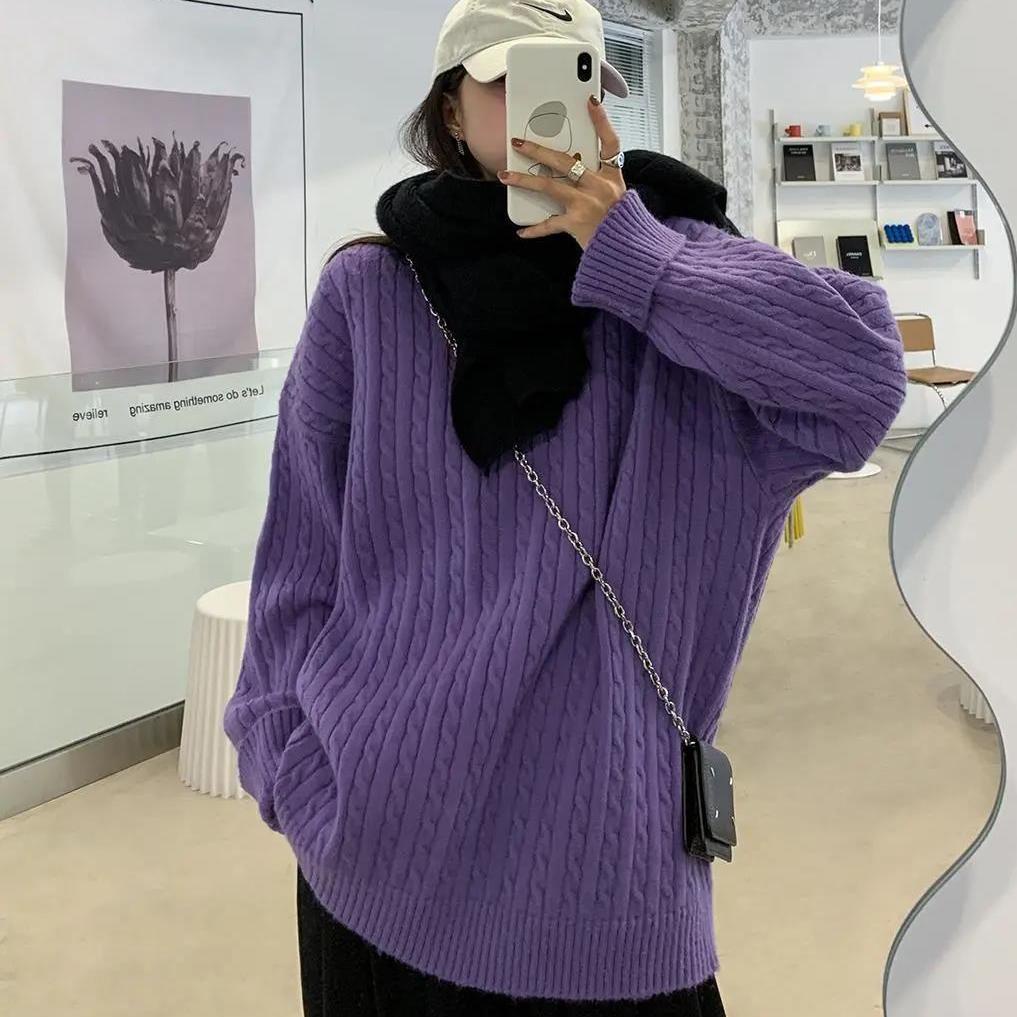 Áo sweater dệt kim cổ tròn dáng rộng thời trang Hàn Quốc cho nữ