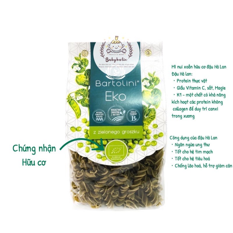 Mì nui xoắn Fusilli Đậu Hà Lan hữu cơ Bartolini 250g