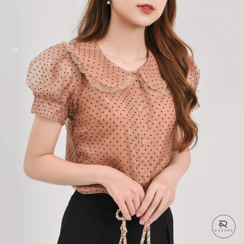 Áo sơ mi thời trang nữ cổ sen nâu tây chấm bi Rosara AM13 | BigBuy360 - bigbuy360.vn
