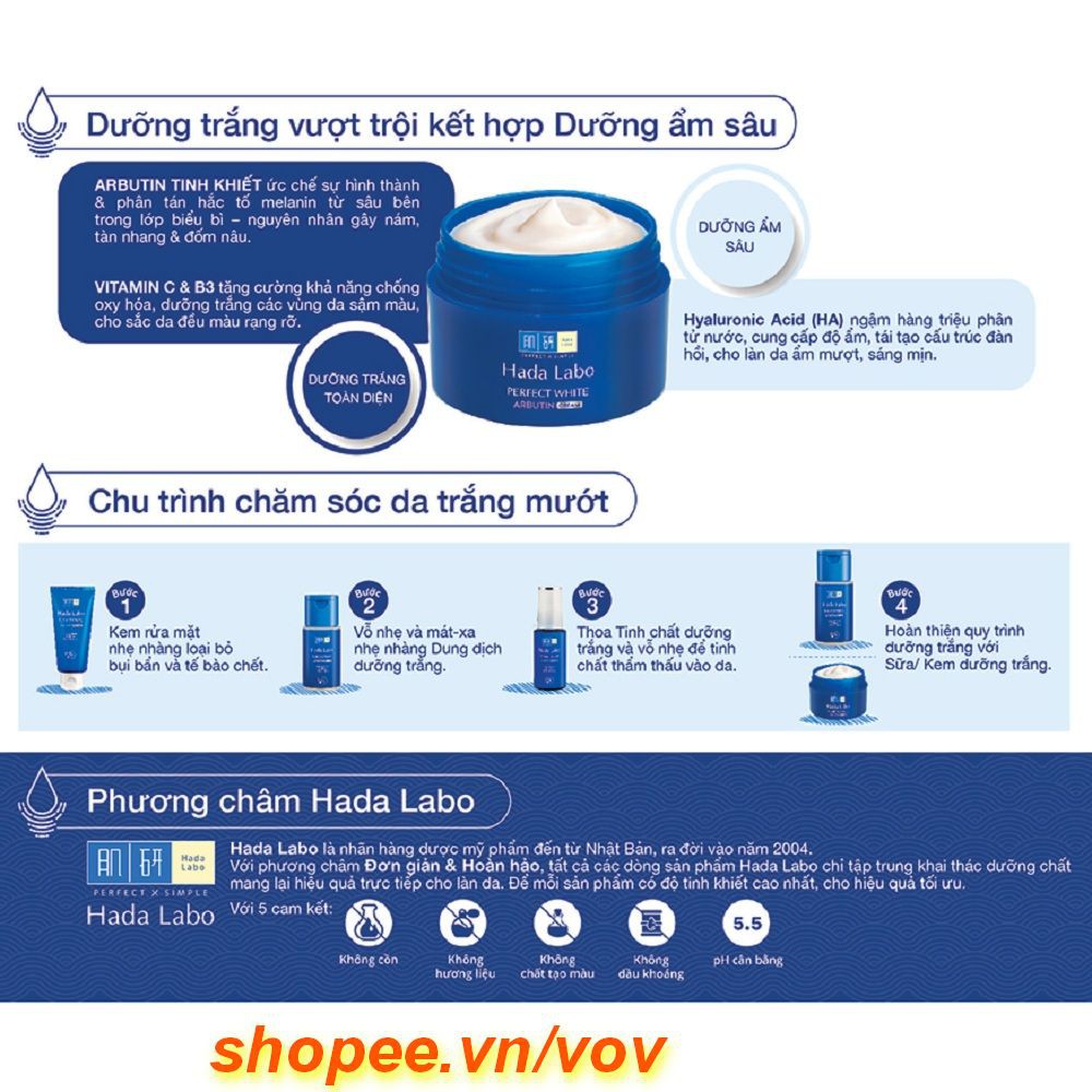 Kem dưỡng trắng mượt vượt trội Hada Labo Perfect White Arbutin Cream 50g 100% chính hãng, vov cung cấp và bảo trợ.