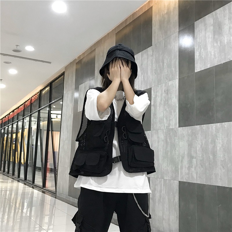 Áo Vest Phối Lưới Nhiều Túi Phong Cách Hip Hop Cá Tính 2021ins