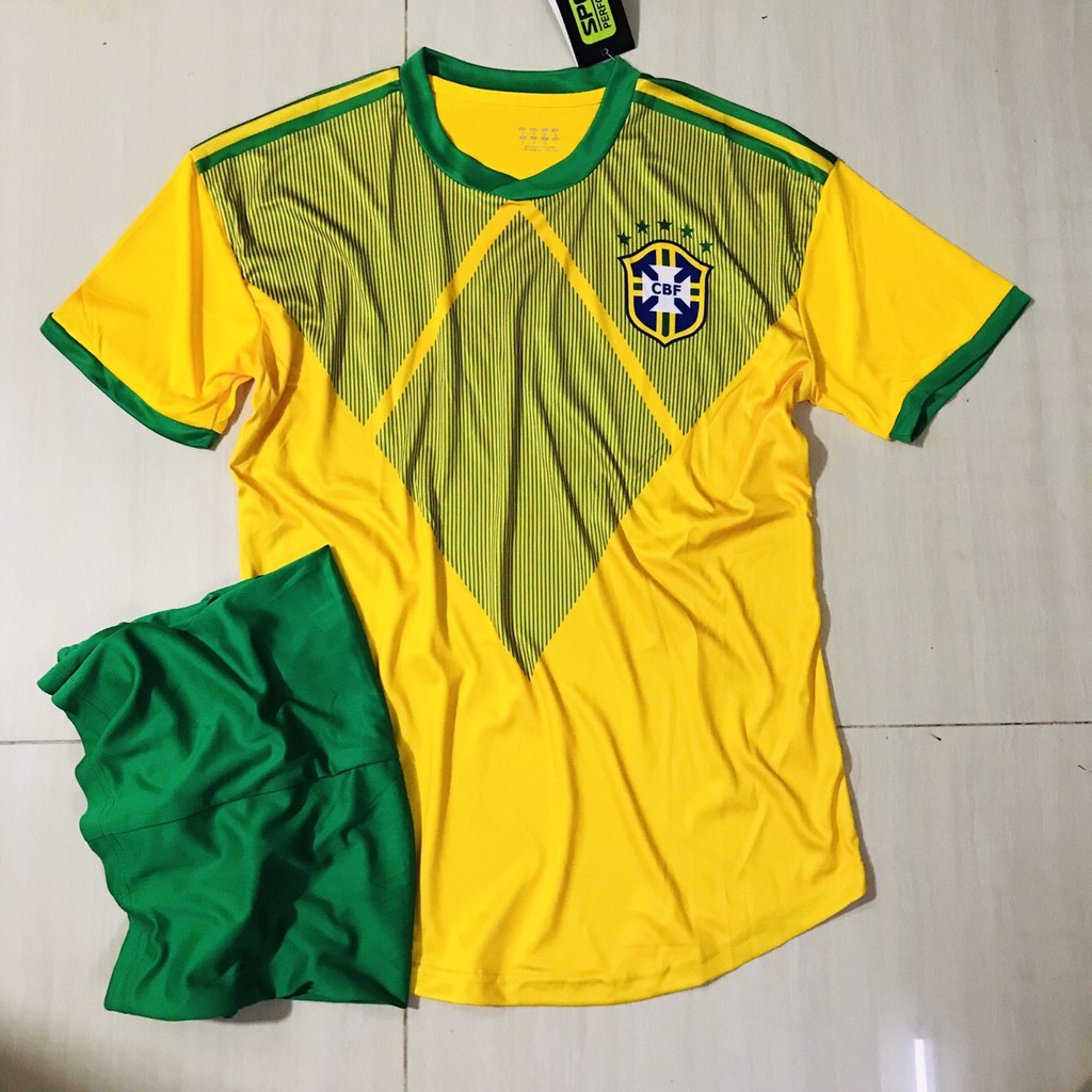 Bộ Quần Áo Thun Bóng Đá Brasil Thun Lạnh Cao Cấp Thái Lan Cực Chất - Màu Vàng Cổ Tròn
