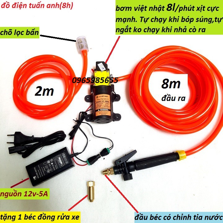 bộ máy bơm phun sương tưới hoa,tưới lan,xịt rửa đầu béc có chỉnh tia nước dây đầu ra dài 8M,dây hút 2m tiện lợi