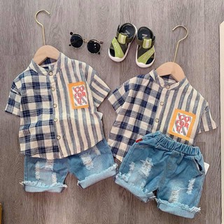BỘ ĐỒ BÉ TRAI ÁO SƠ MI KẺ PHỐI QUẦN BÒ RÁCH CHUẨN HÀNG BÁN SHOP